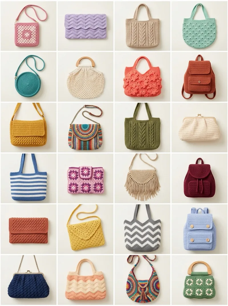 Mosaico con decenas de modelos de bolsos a crochet de la colección